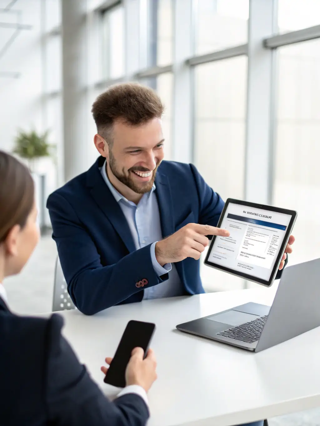 A business professional engaging with a potential client via a digital device, with lead forms visible on the screen, showcasing Login Luxe's Lead Generation Service.