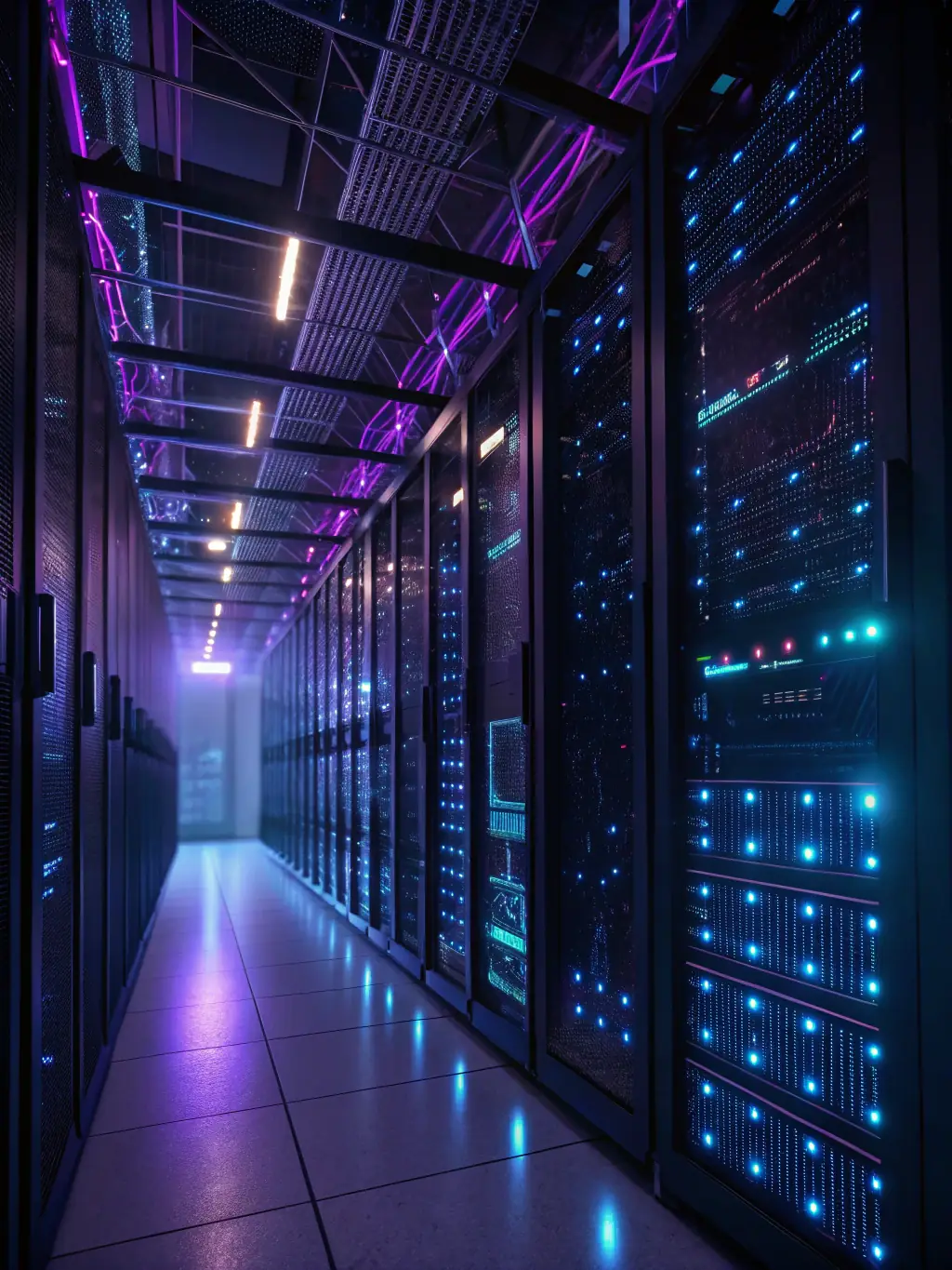 A modern, secure server room filled with blinking lights and humming servers, symbolizing the robust infrastructure behind Login Luxe's solutions.