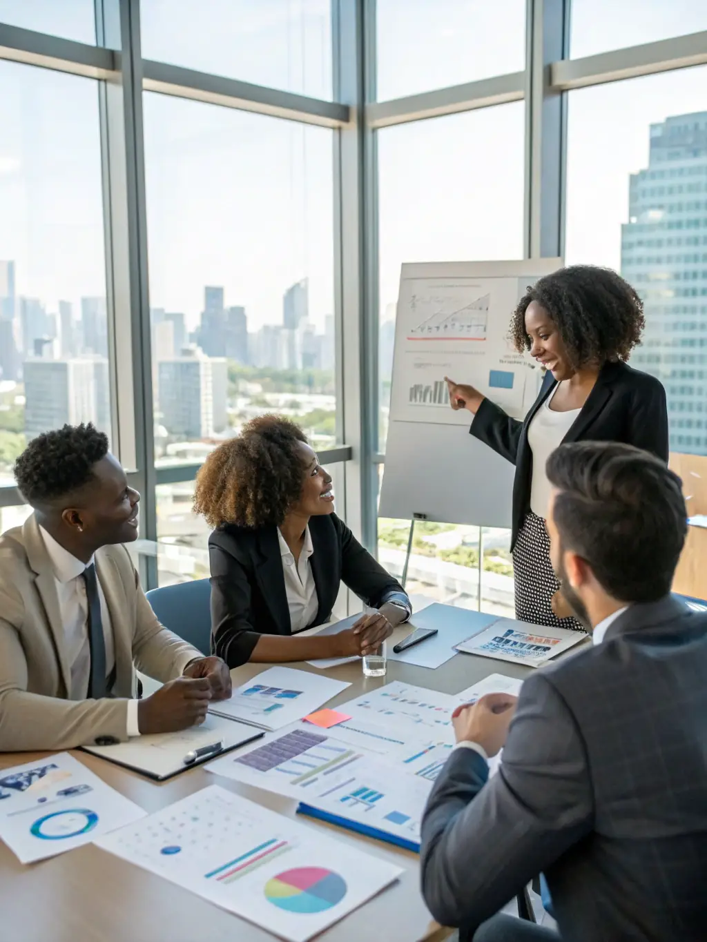 A diverse team of financial experts collaborating in a modern office space, representing the expertise and dedication of Login Luxe's team.