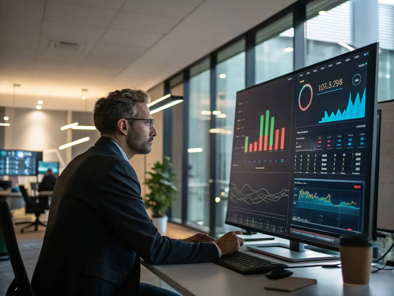 A sleek dashboard displaying various financial metrics and data visualizations on a computer screen, representing Login Luxe's Financial Analytics Platform.